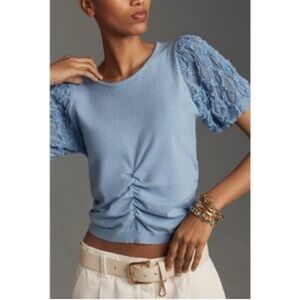 Anthropologie Ruched Short Puff Sleeve Sleeve Sweater Knit Top in Light Blue XS